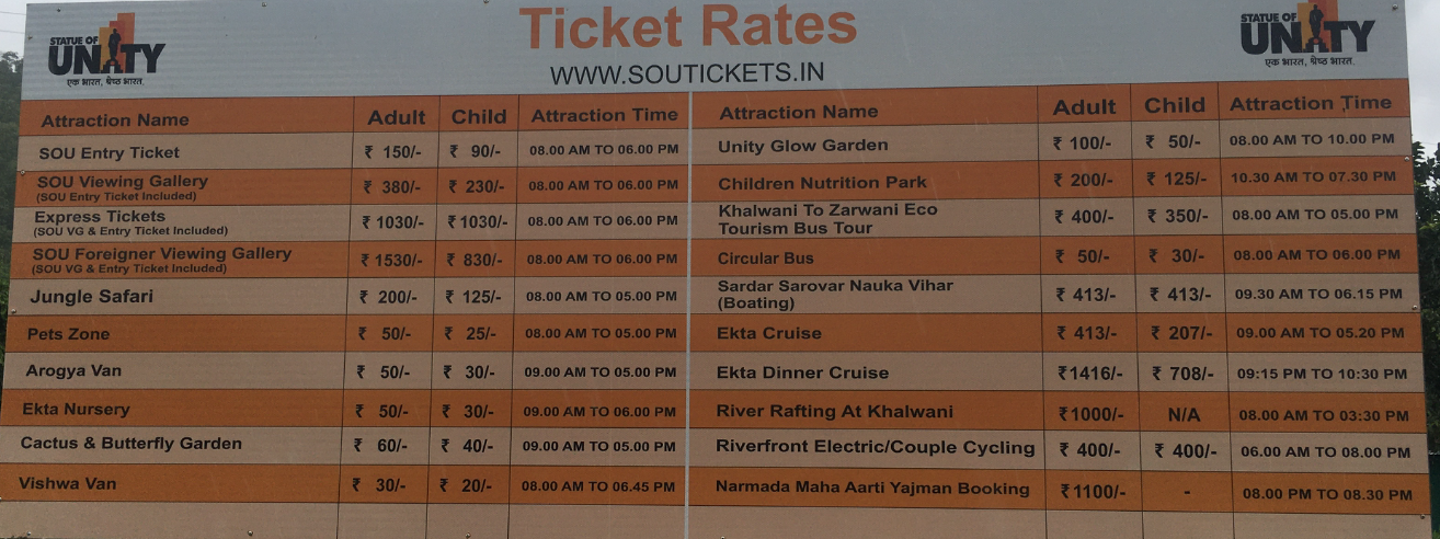 Ticket rate Statue of unity